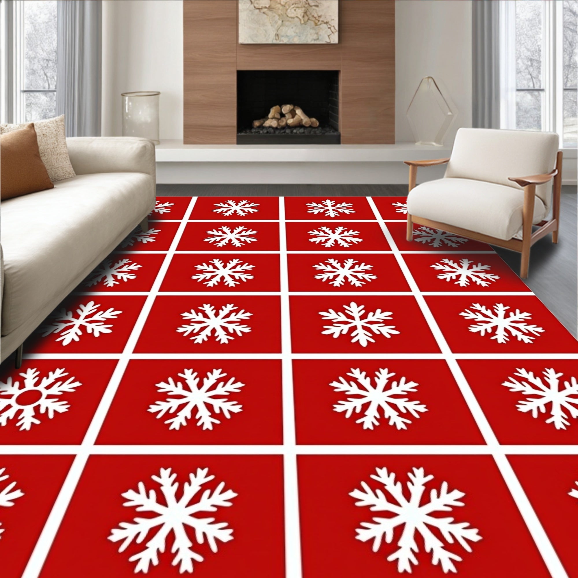 Classic Red White Snowflake Scatter Rug