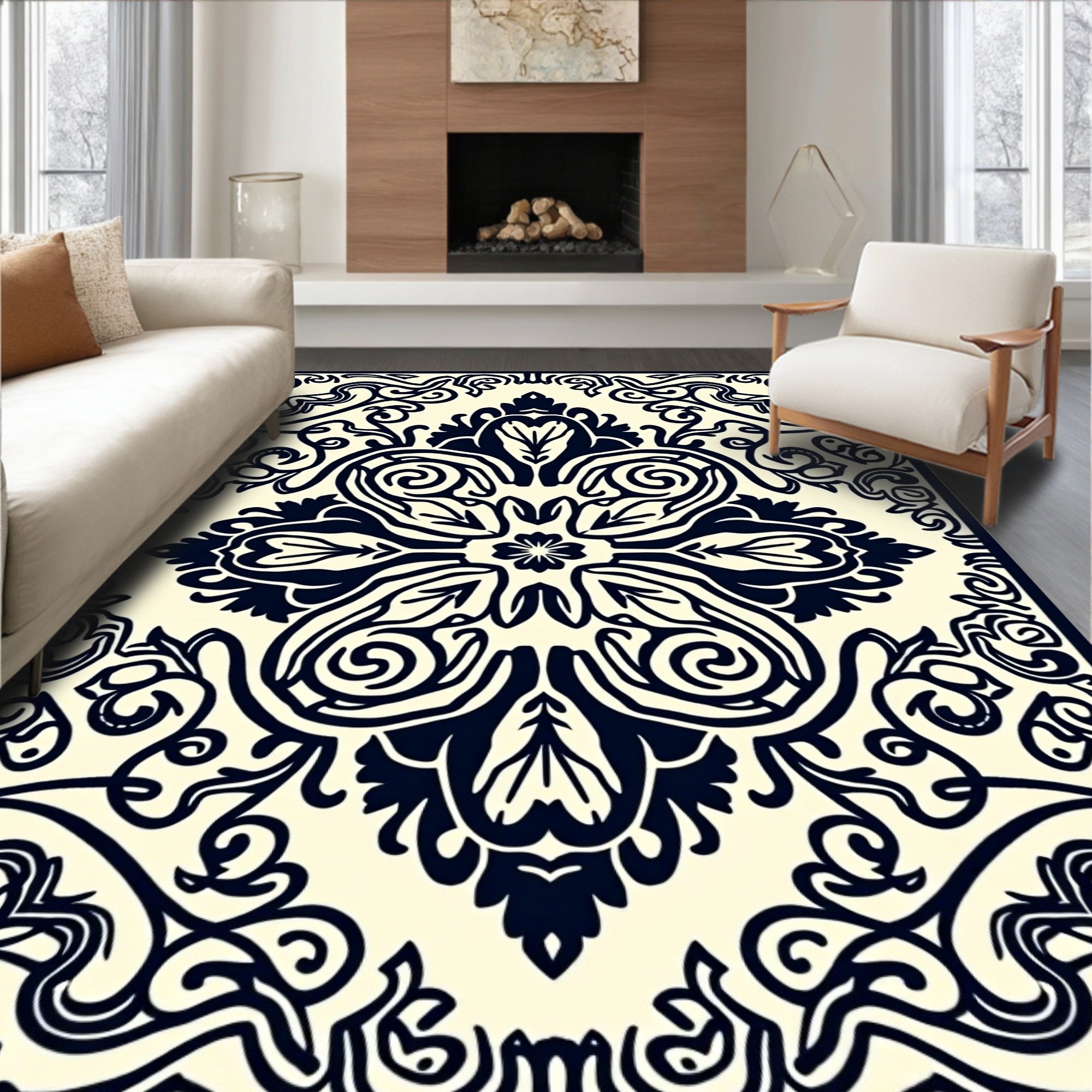 Dark Blue Floral Scrollwork Medallion Rug
