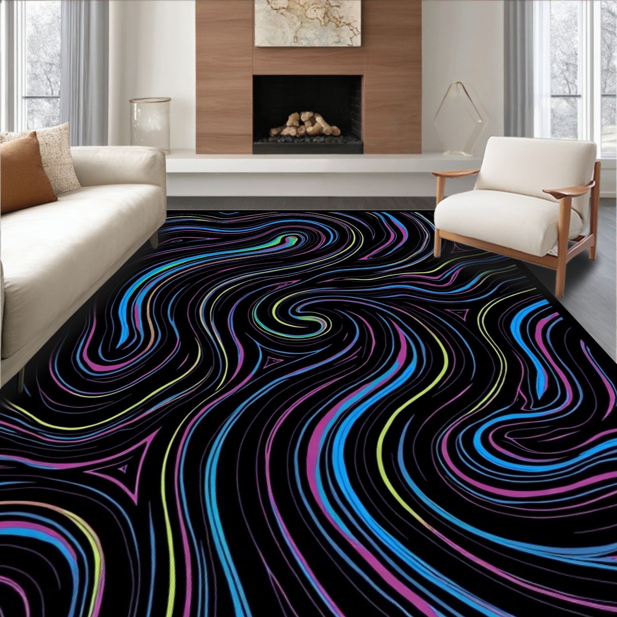 Vibrant Swirl Black Abstract Lines Rug