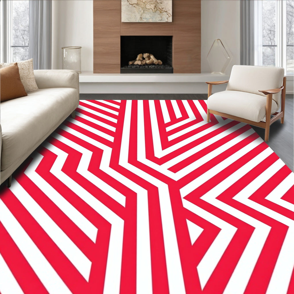 Crimson Geometric Maze Stripes Rug