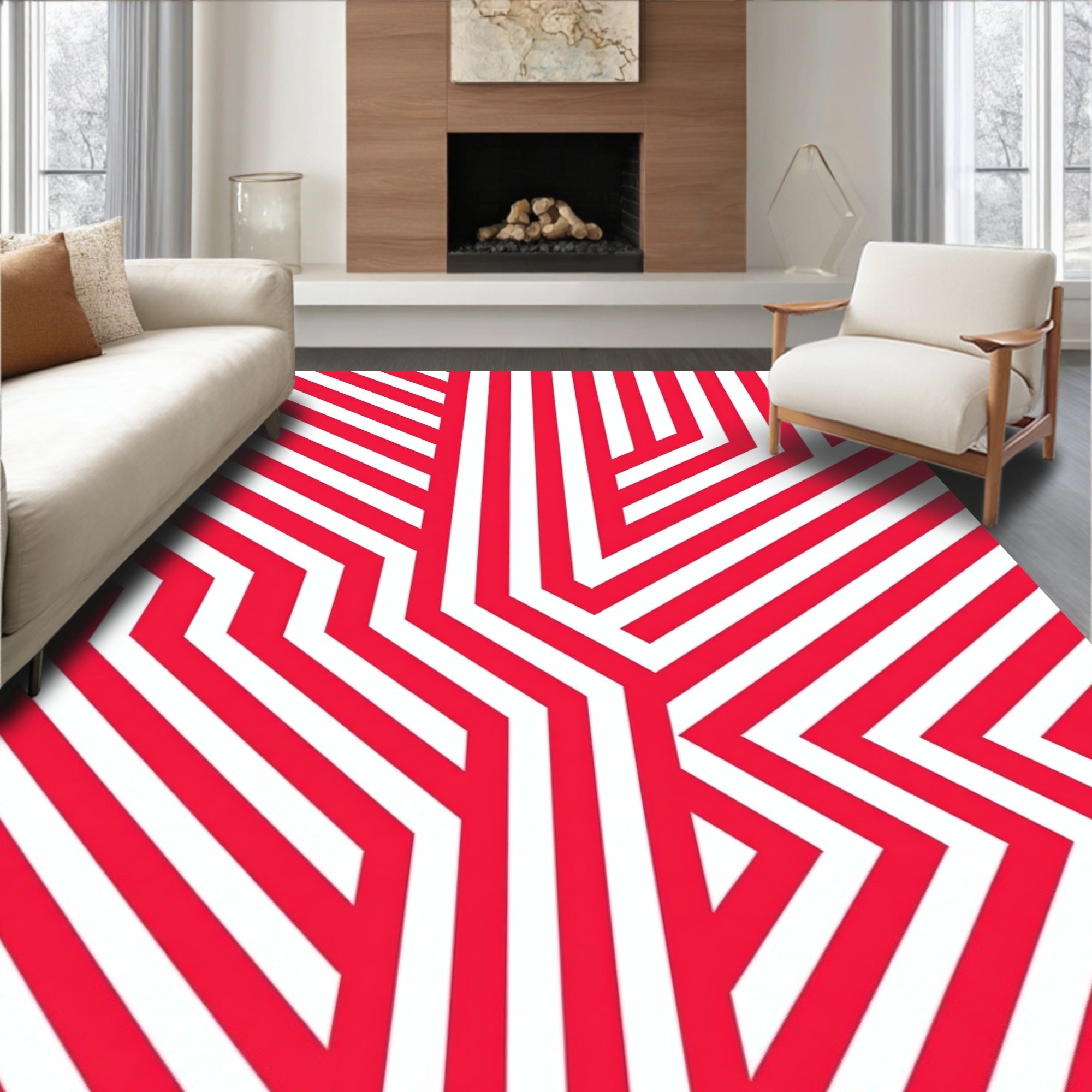 Crimson Geometric Maze Stripes Rug