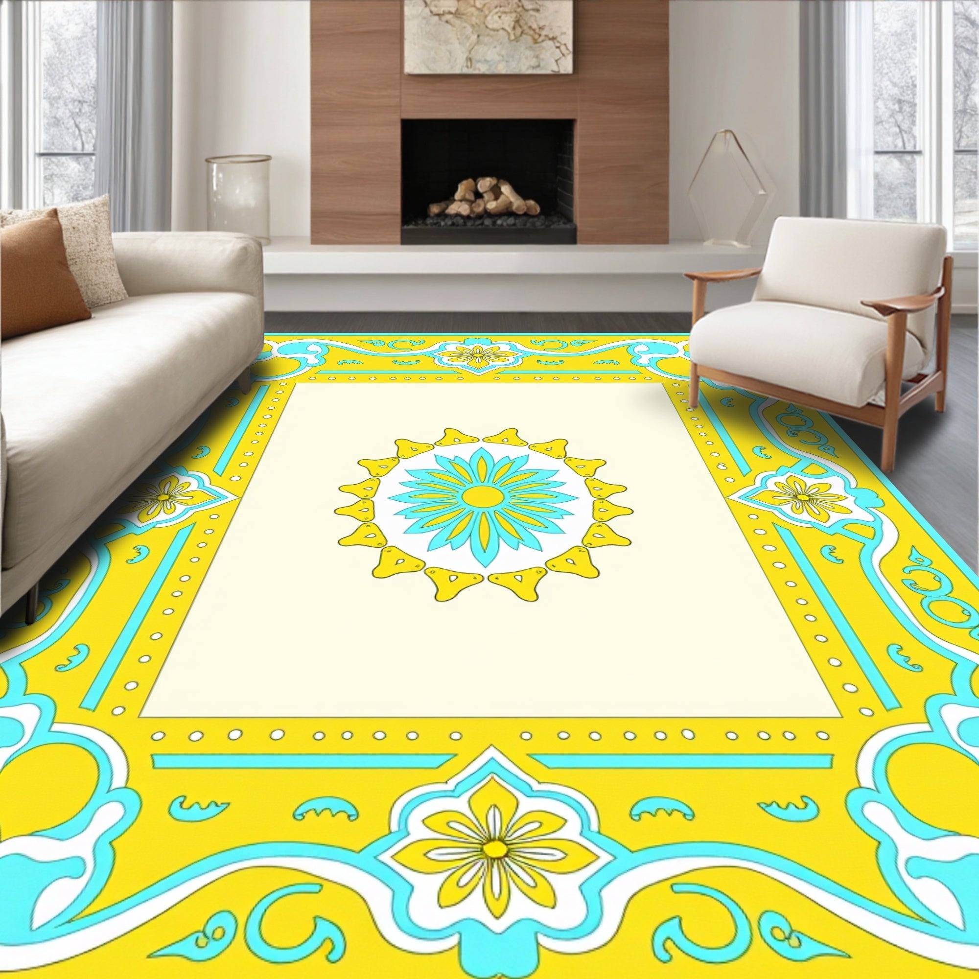Yellow Aqua Sunburst Border Rug