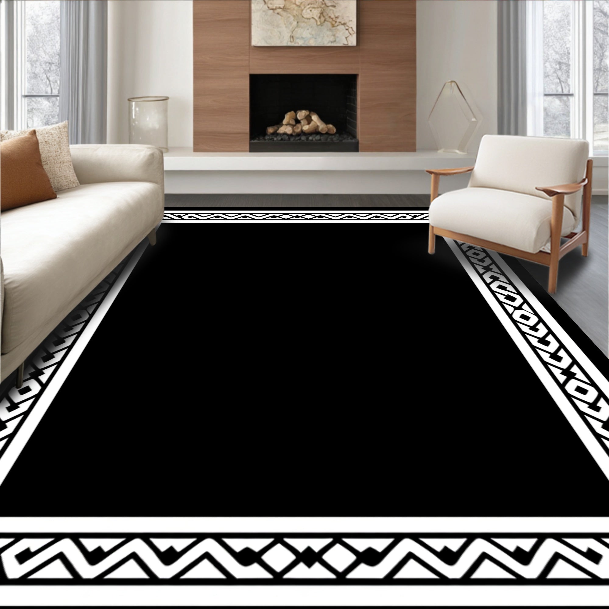 Bold White Geometric Border Frame Rug