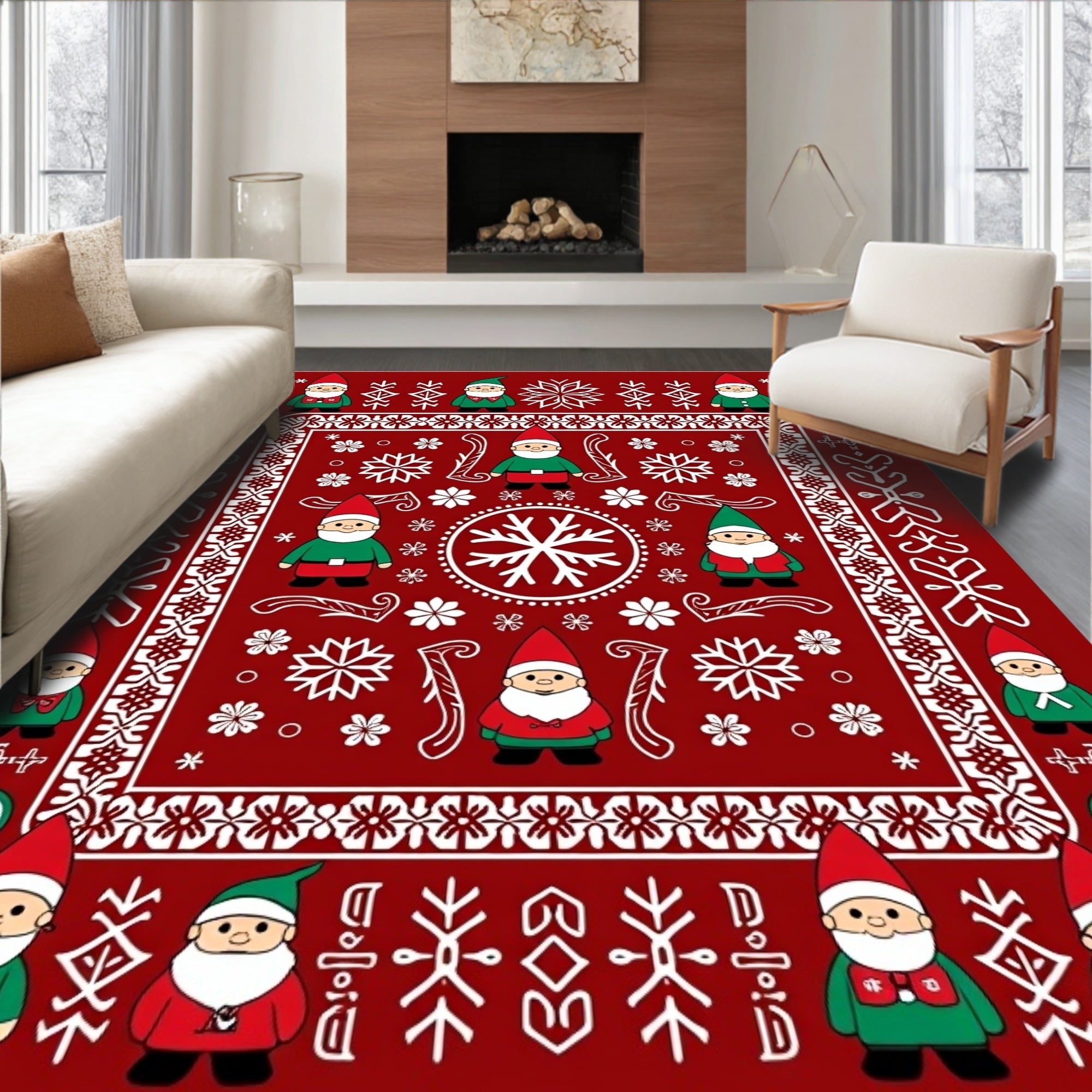 Charming Crimson Gnome Snowflake Swirl Rug