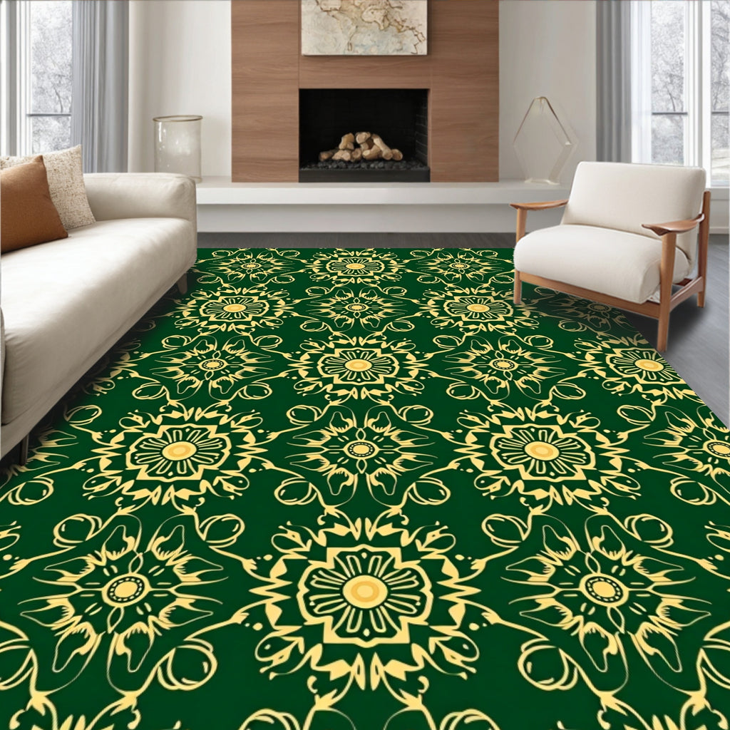 Emerald Green Gold Floral Medallion Layout Rug