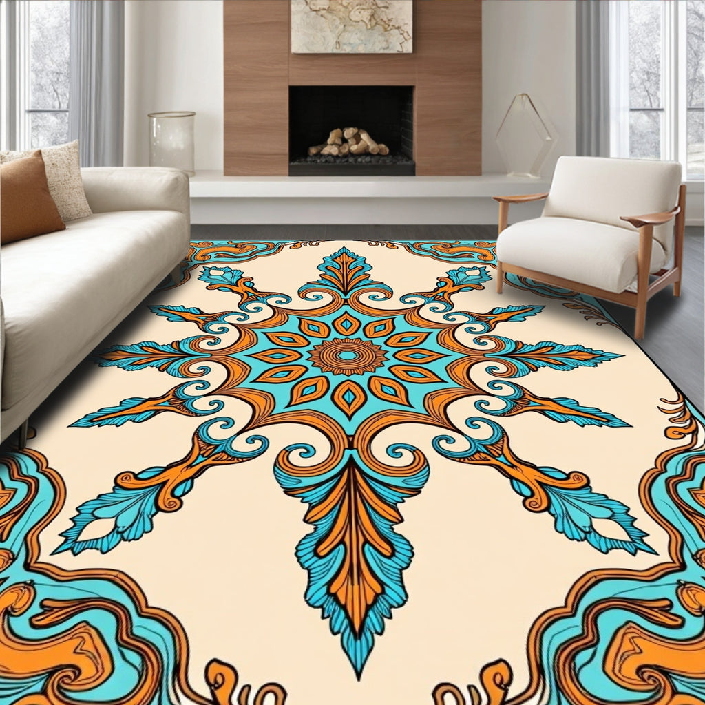 Symmetrical Teal Orange Floral Medallion Rug