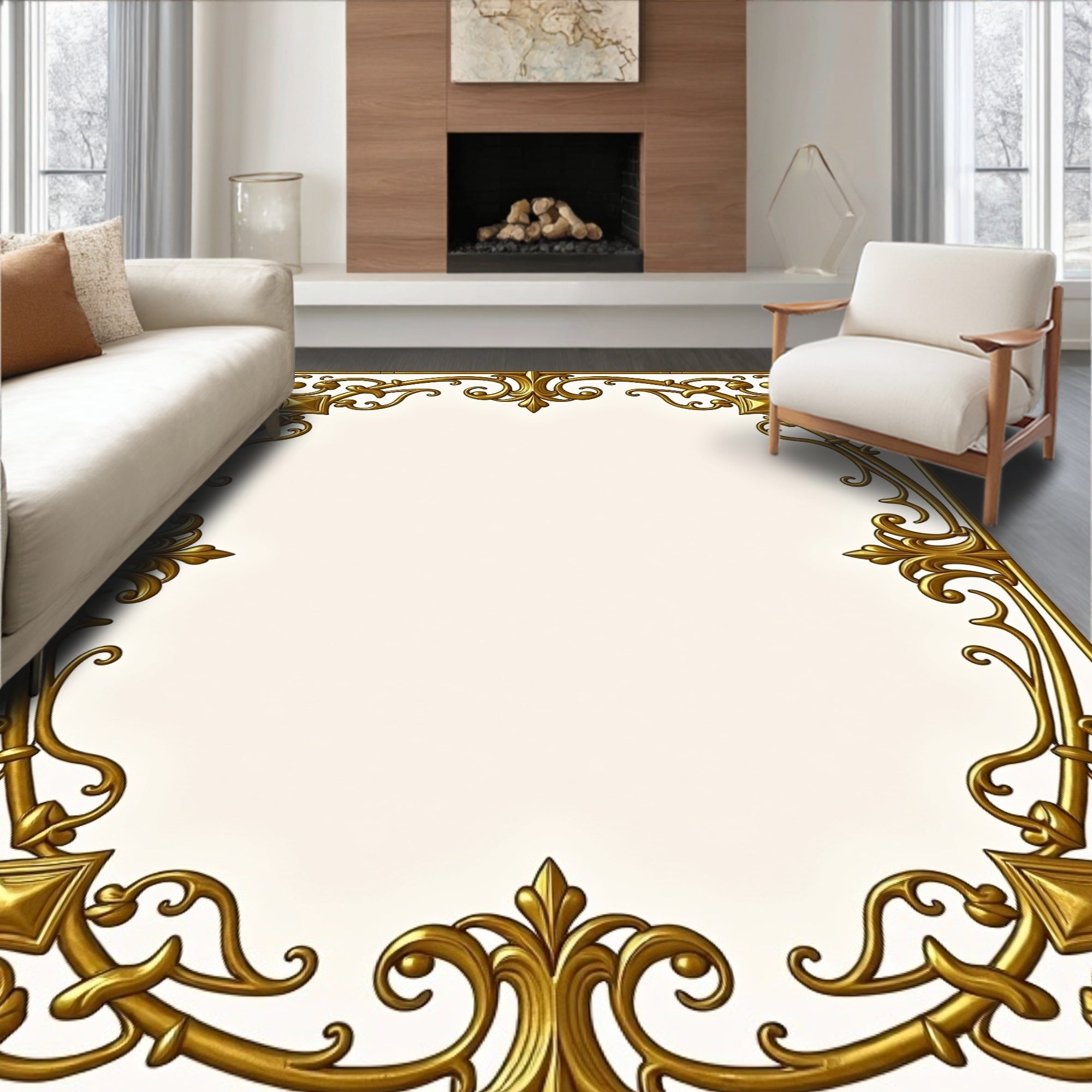 Ornate Gold Acanthus Leaf Border Rug