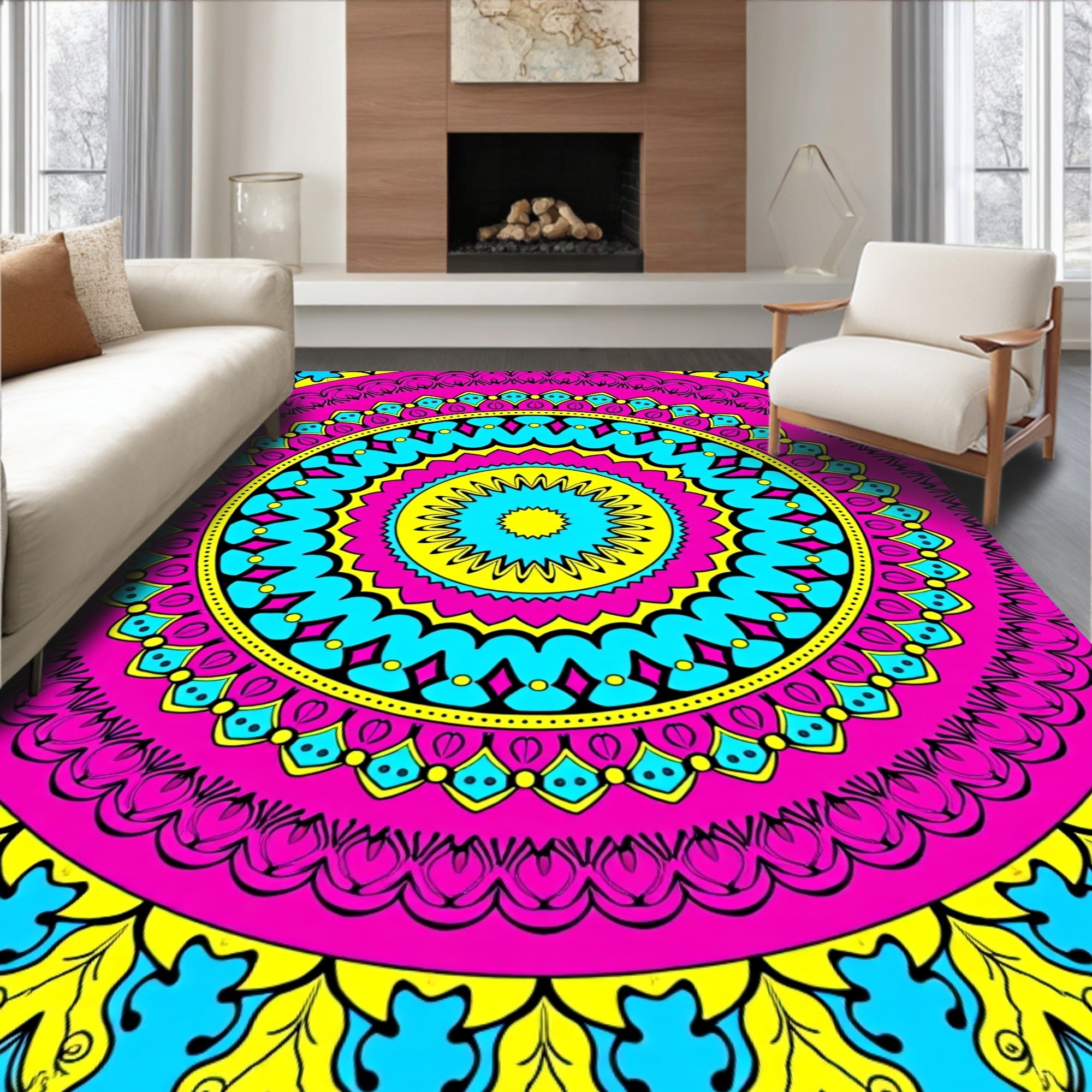 Vibrant Pink Yellow Blue Medallion Art Rug