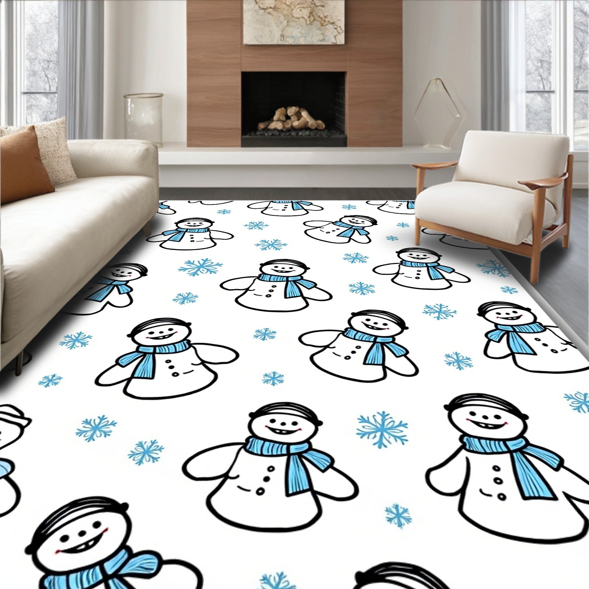 Cute Snowman Winter Scarf Snowflake Rug