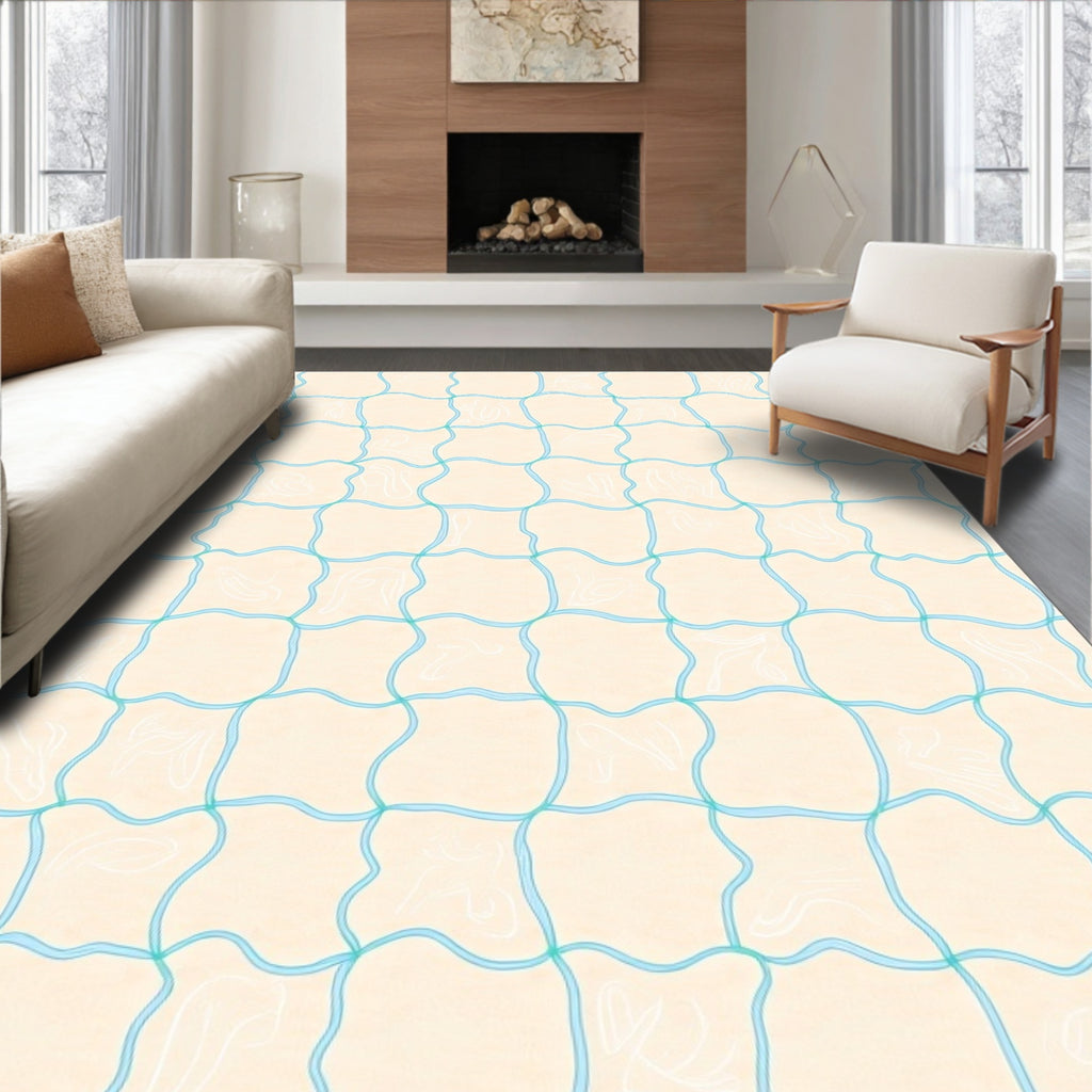 Cream Aqua Interlocking Leaves Rug