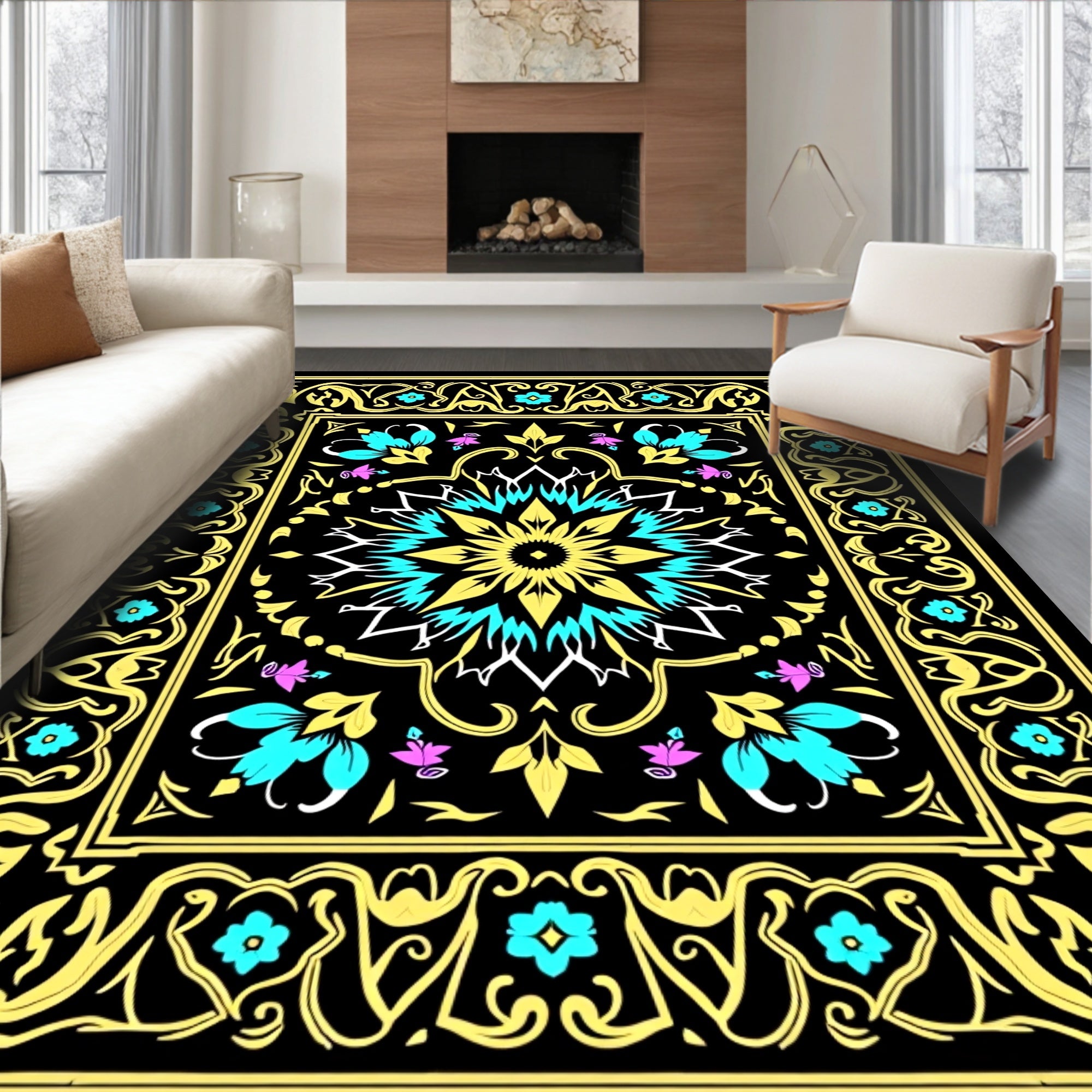 Golden yellow floral mandala Rug