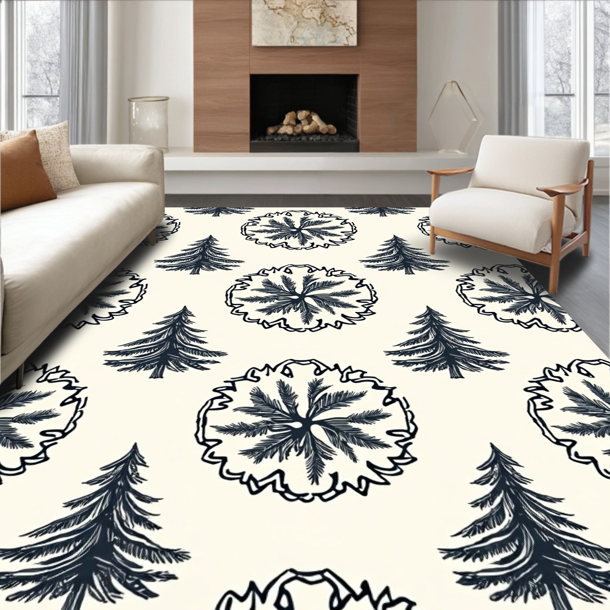 Dark Blue Pine Trees Botanical Outline Rug