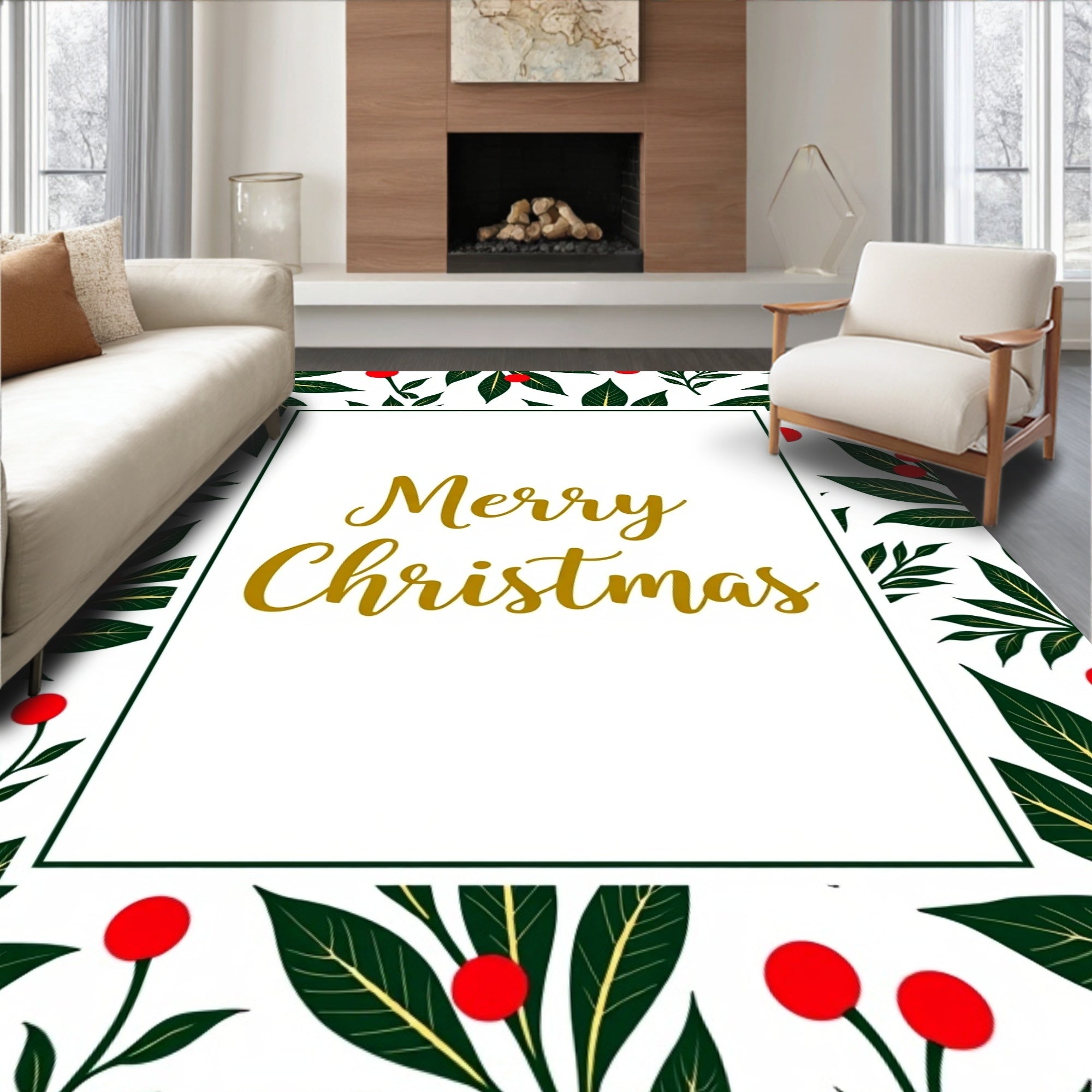 Festive Holly Berry Floral Border Rug
