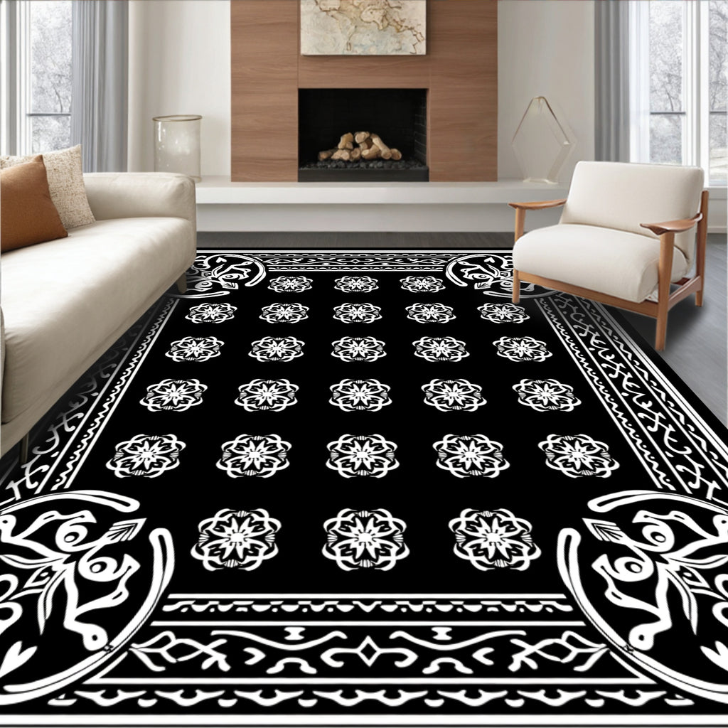 Black and White Ornate Floral Medallion Rug