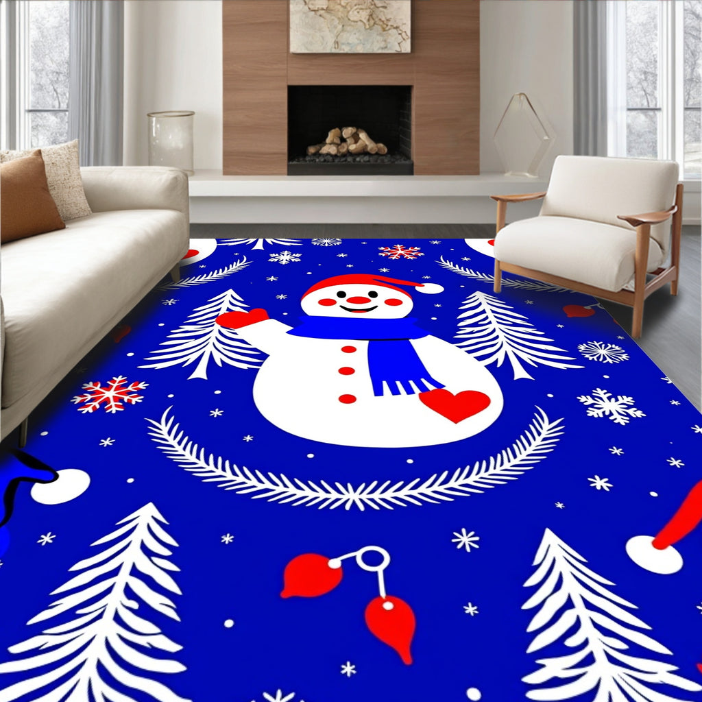 Jolly Snowman Red Hat Blue Scarf Trees Rug