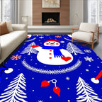 Jolly Snowman Red Hat Blue Scarf Trees Rug