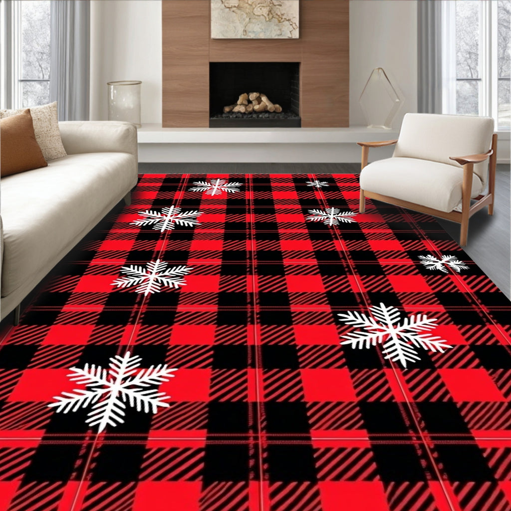 Red Black Buffalo Plaid Snowflakes Rug