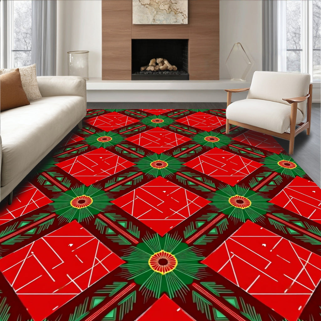 Crimson Green Radial Diamond Medallion Rug