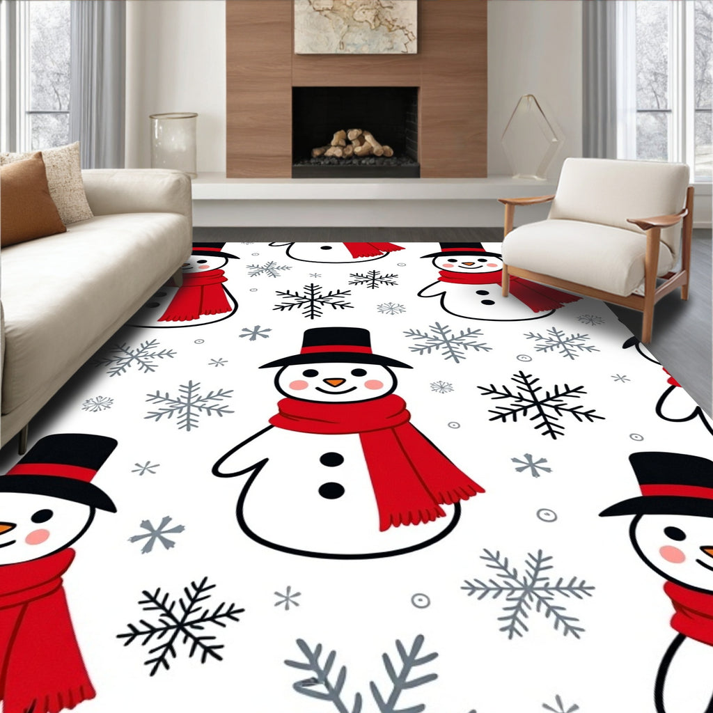 Festive Snowman Red Scarf Snowfall Rug