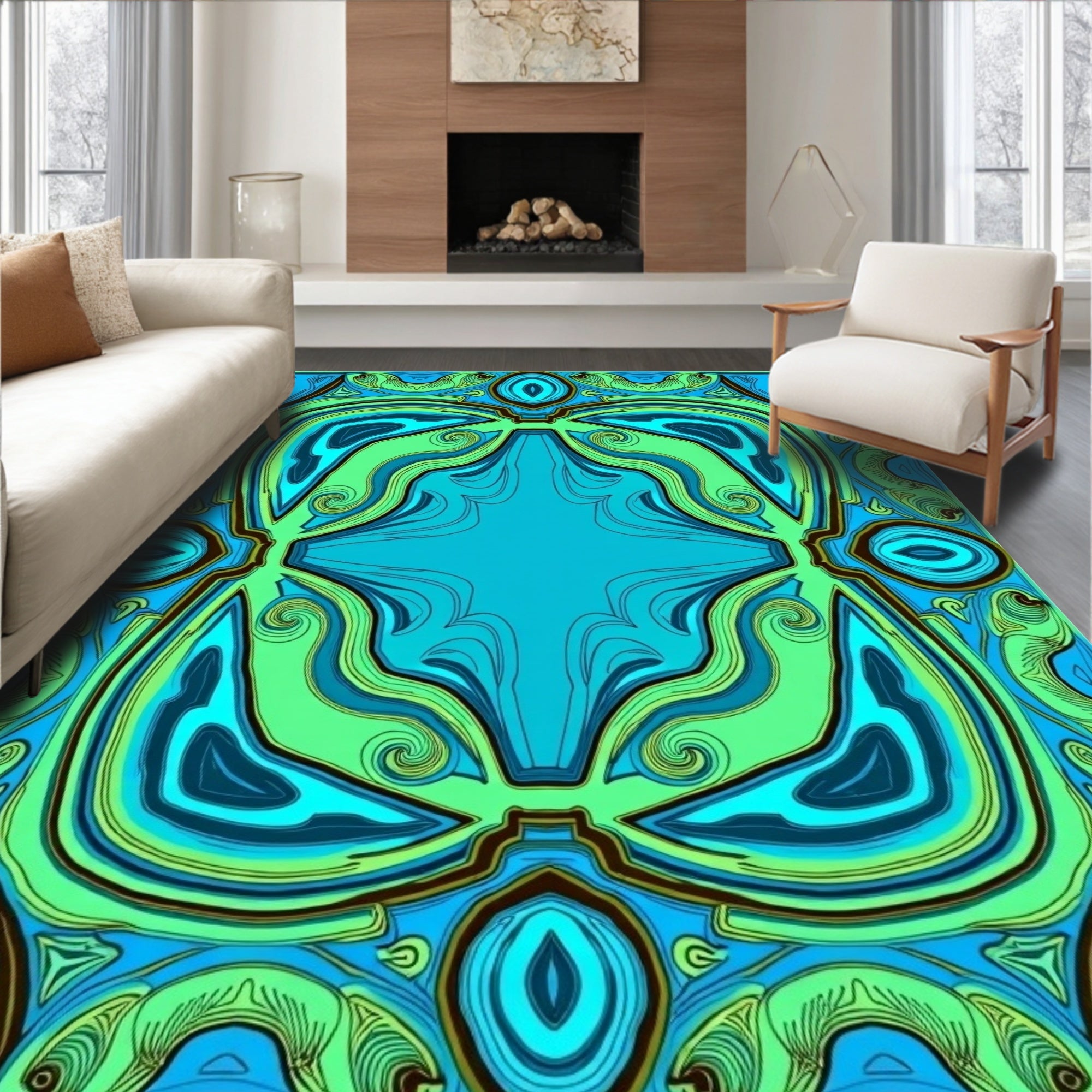 Turquoise Swirl Abstract Tile Rug