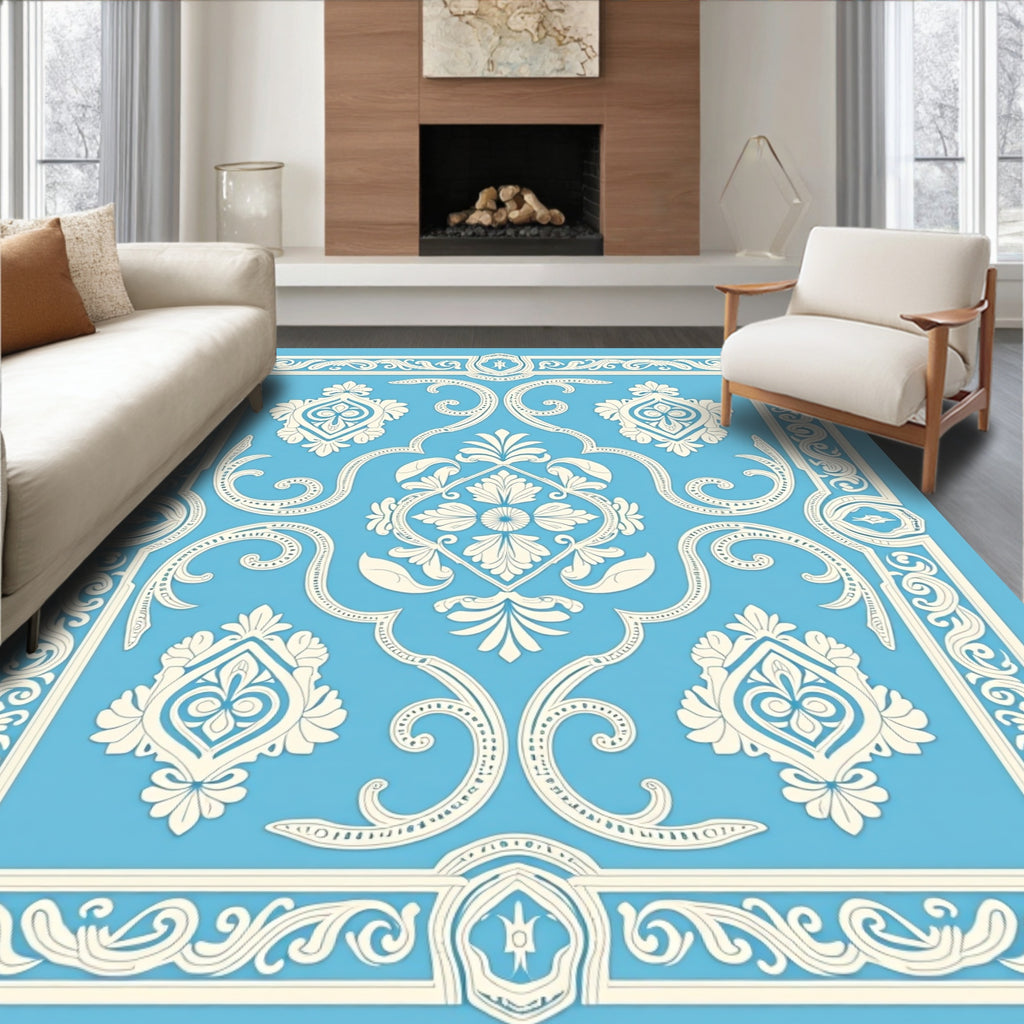 Pale Blue Cream Orante Scrollwork Rug