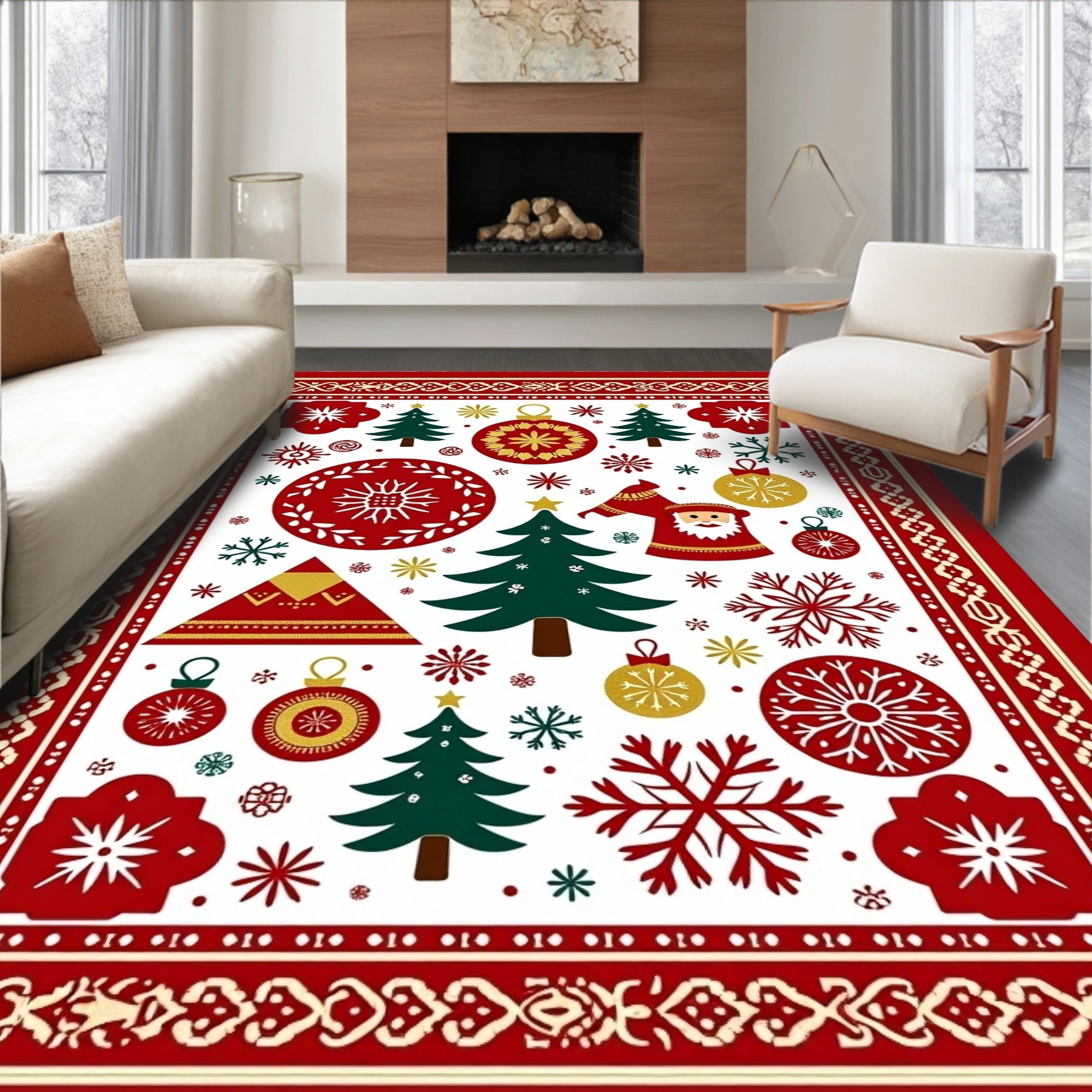 Holiday Red Green Santa Trees Ornaments Rug