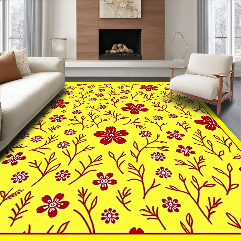 Sunny Yellow Red Floral Branch Rug
