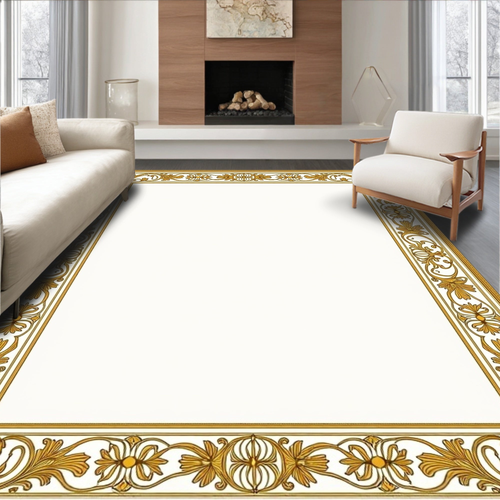 Golden Ochre Classic Floral Border Rug