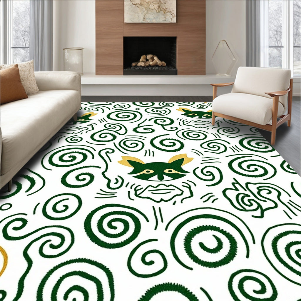 Whimsical Green Raccoon Swirls Rug