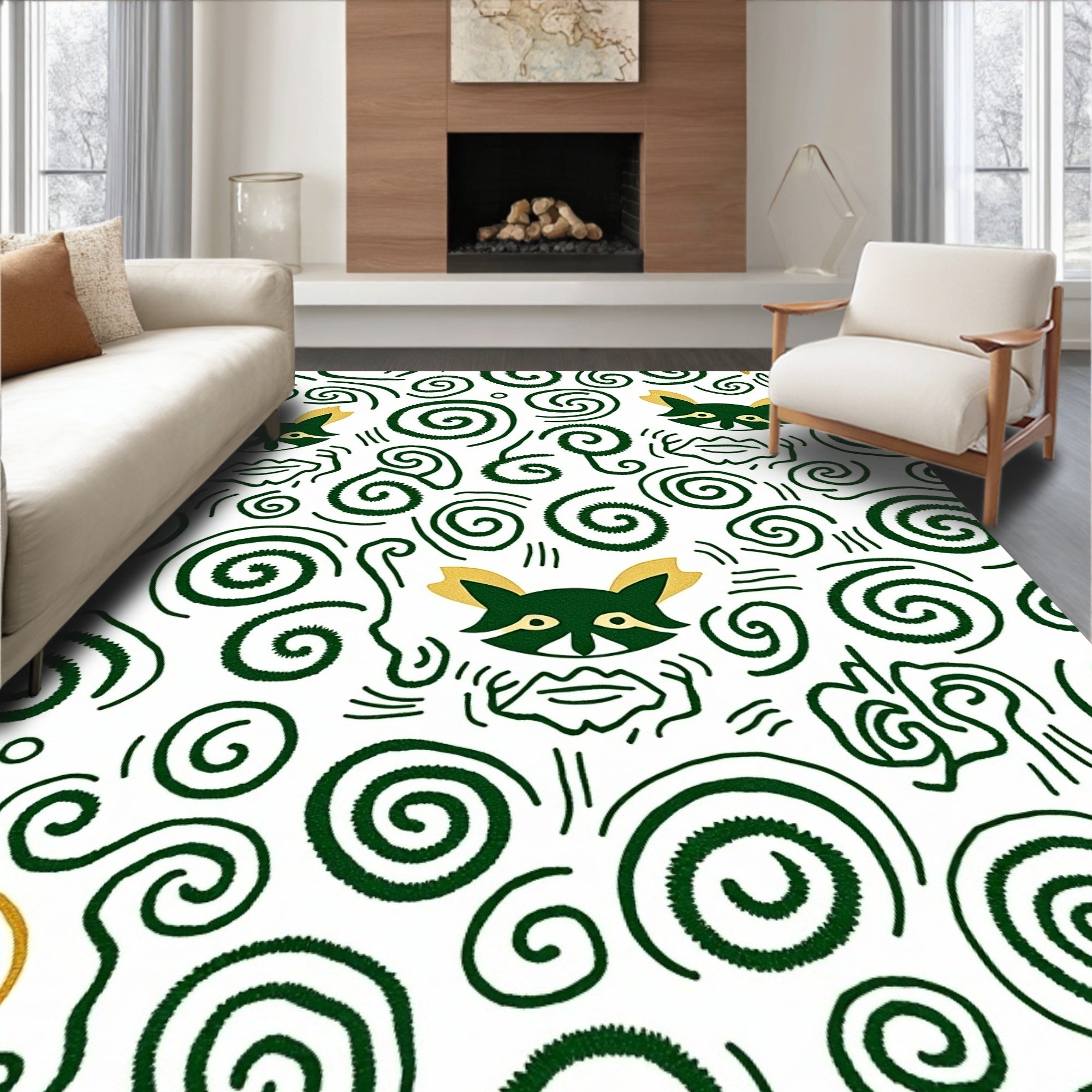 Whimsical Green Raccoon Swirls Rug