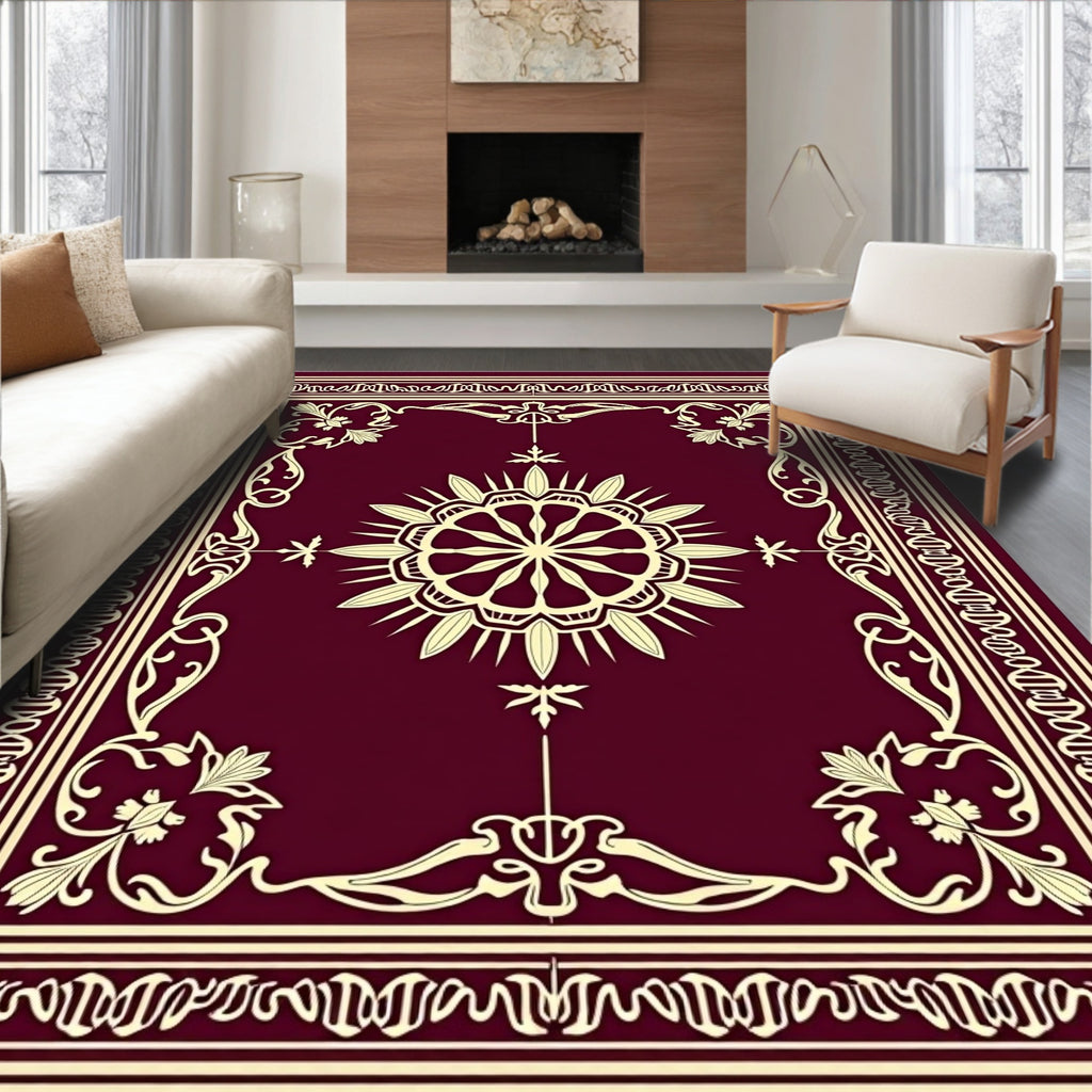 Burgundy Golden Floral Sunburst Medallion Rug