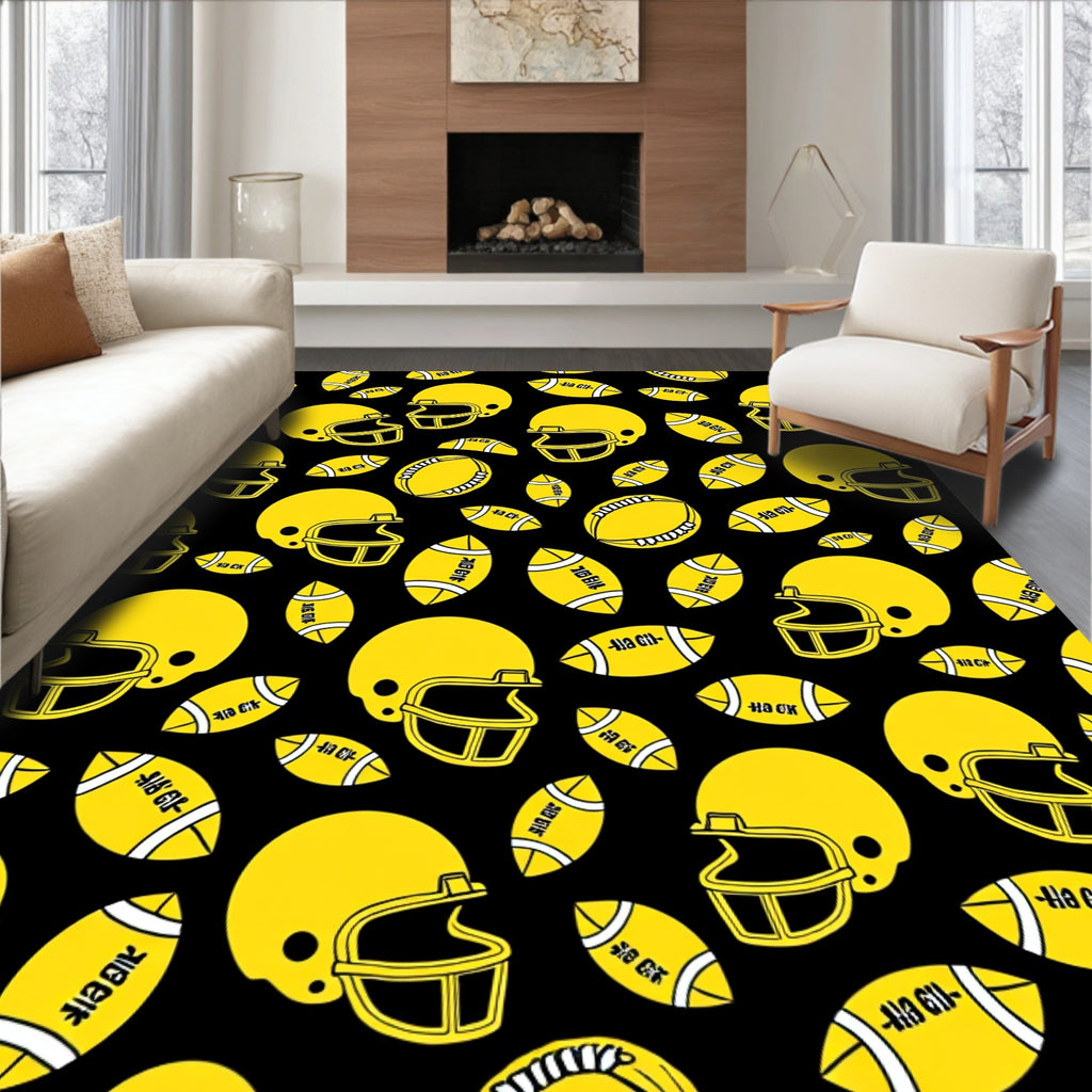 Yellow Football Helmets and Balls Rug