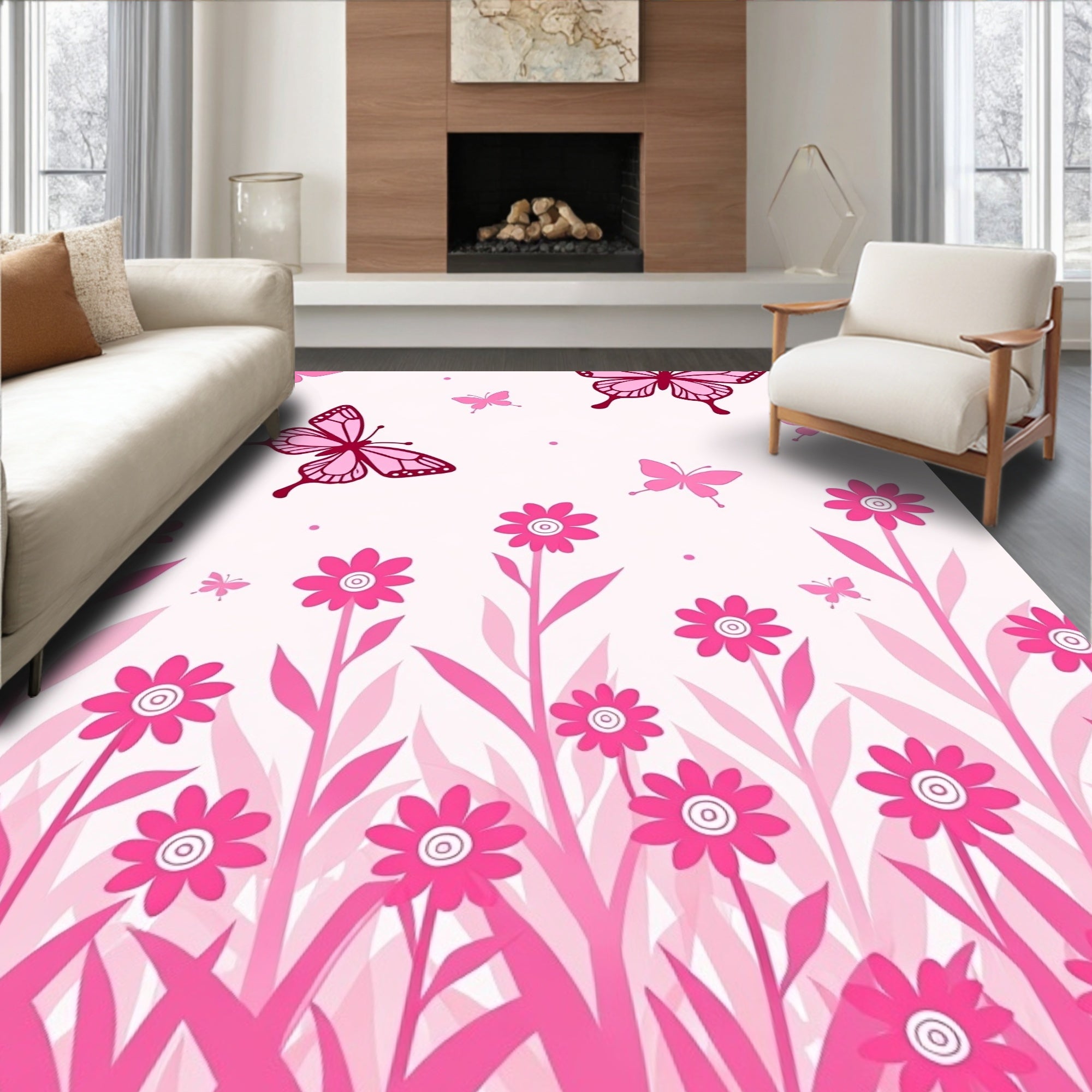 Pink Butterfly Garden Floral Meadow Rug