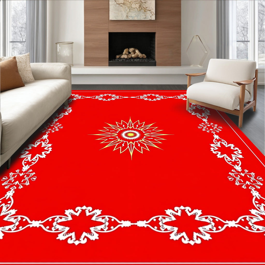 Red White Symmetrical Floral Star Rug
