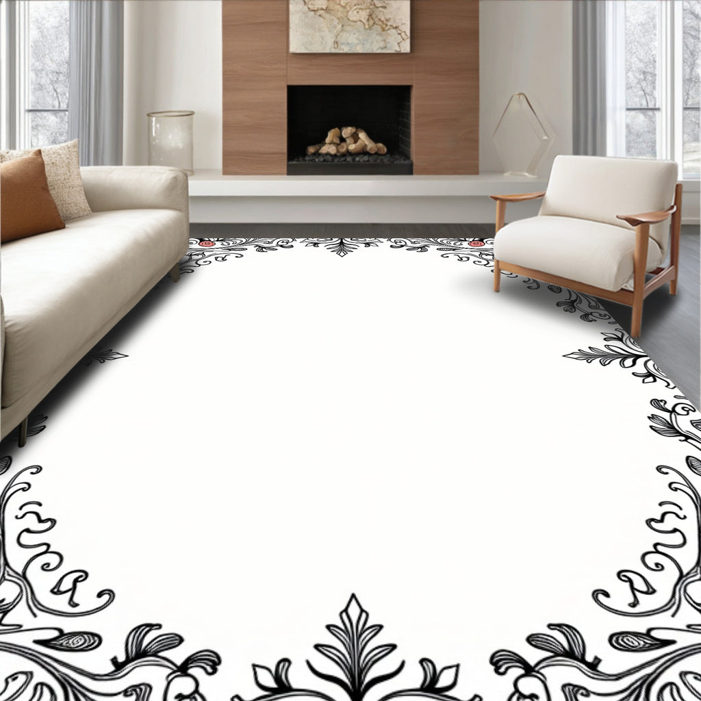 Ornate Coral Floral Scrollwork Frame Rug