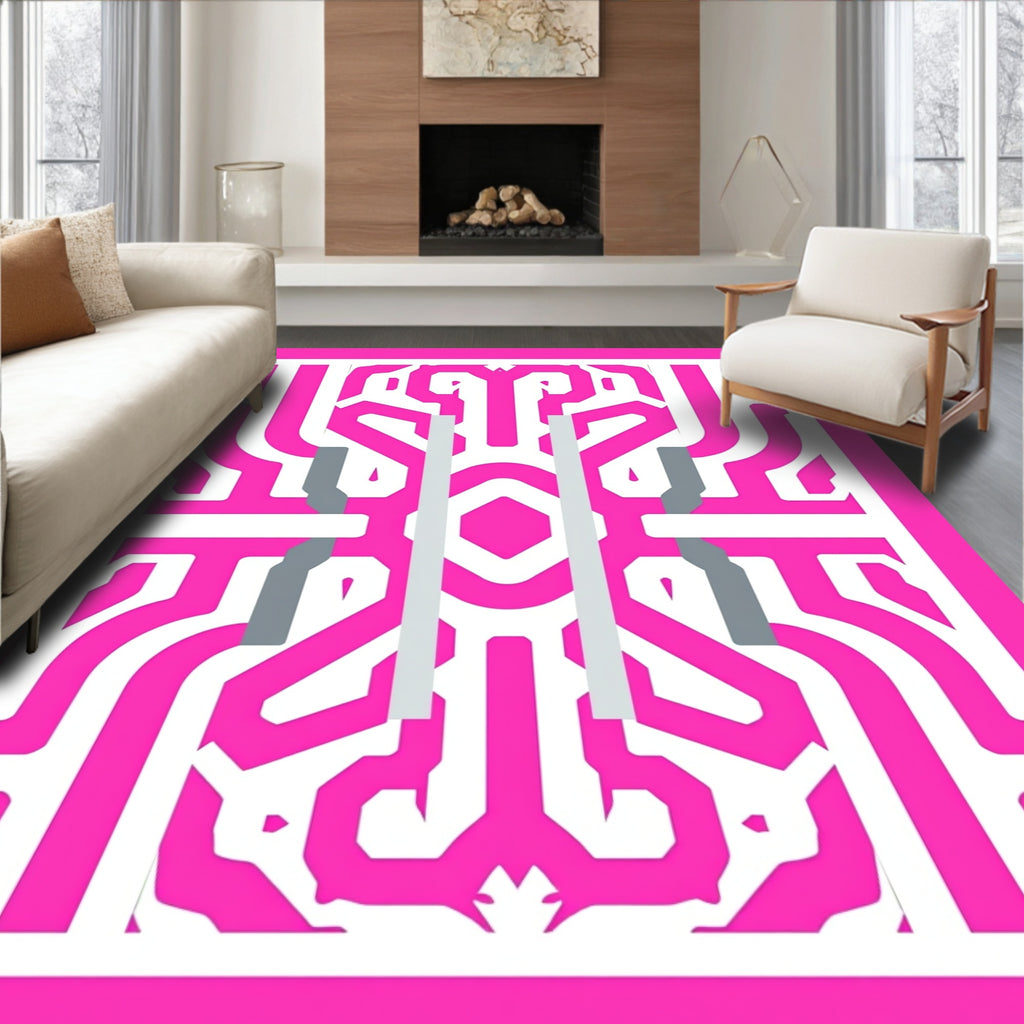 Bold Pink Geometric Circuit Maze Rug