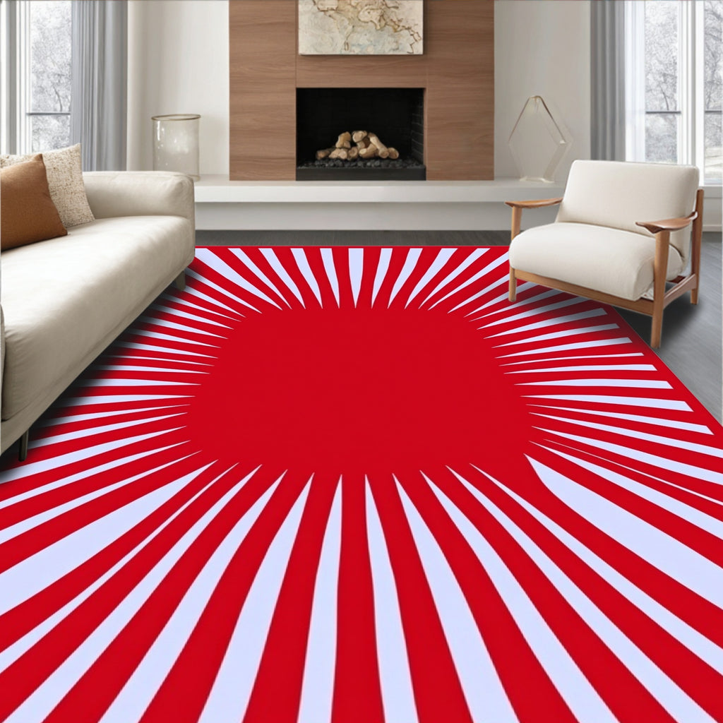 Radial Red Rays on Light Blue Rug