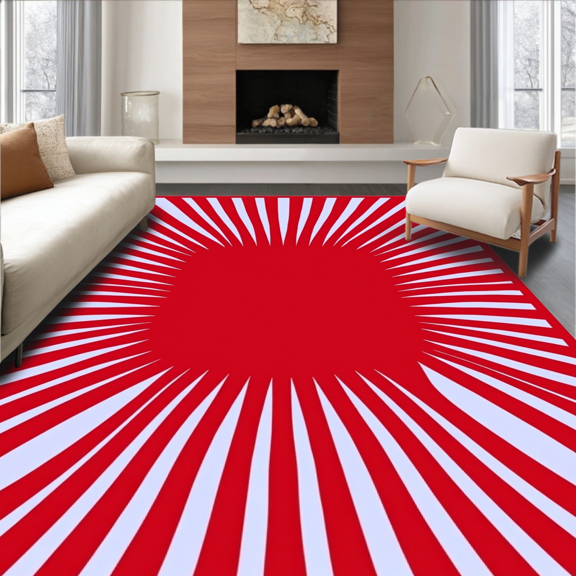 Radial Red Rays on Light Blue Rug