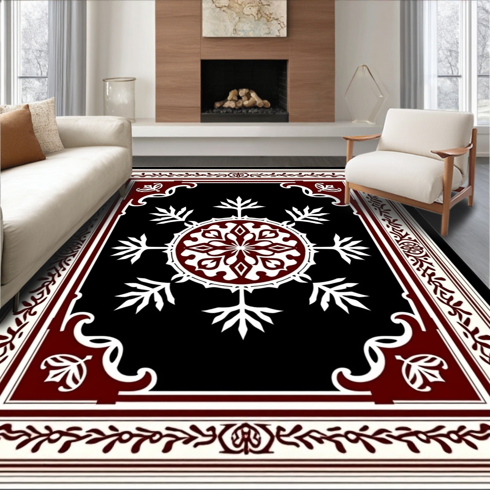 Deep Crimson Snowflake Geometric Medallion Rug