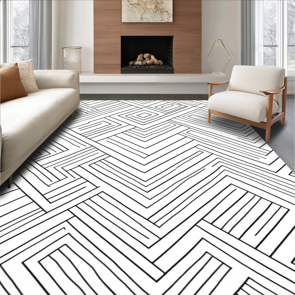 Abstract Black Linear Geometric Maze Rug