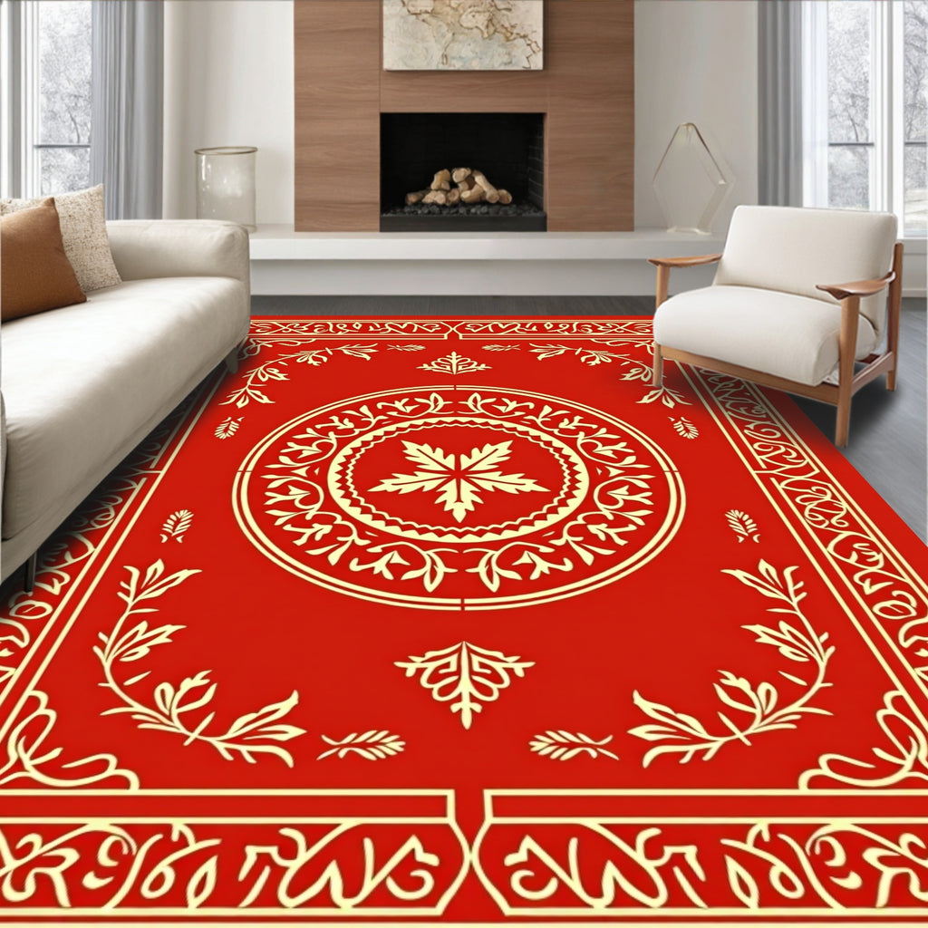 Ornate Scarlet Leaf Medallion Frame Rug