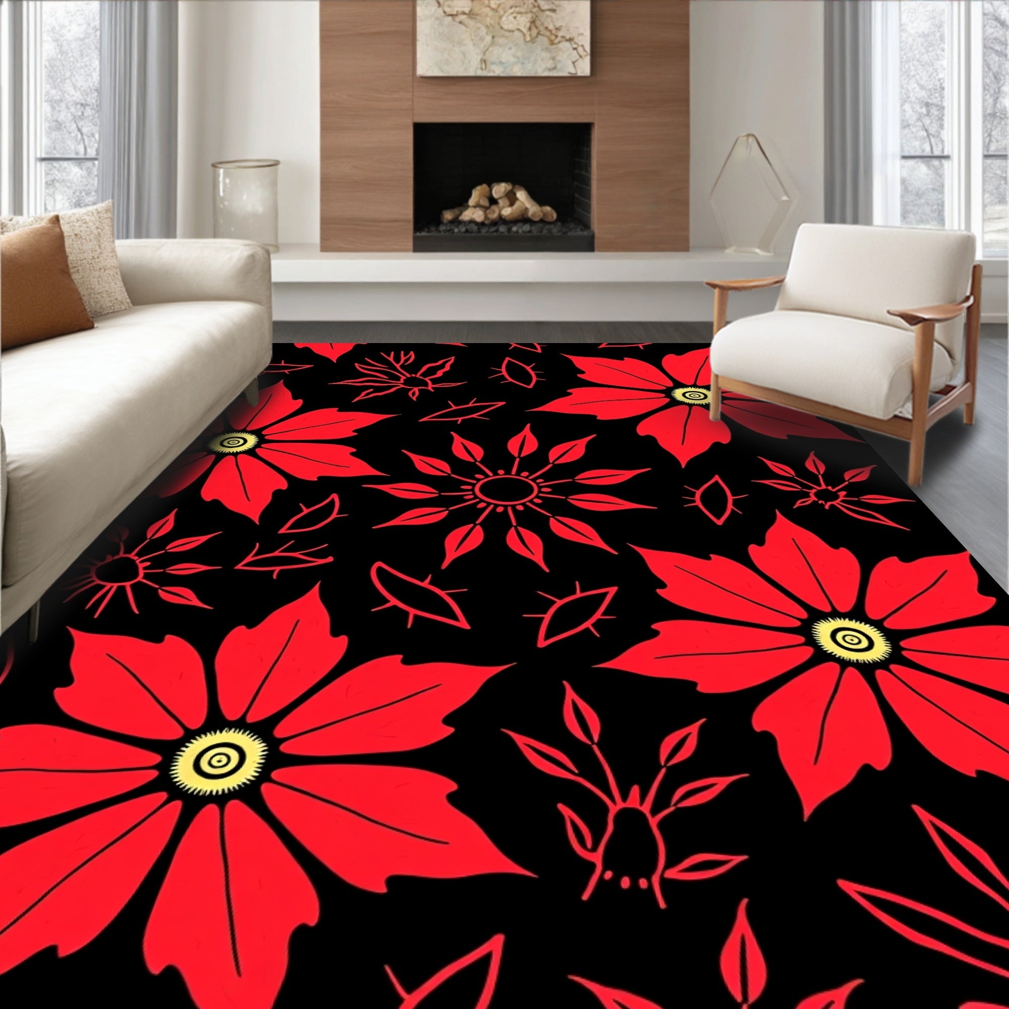 Bold Red Floral Starburst Garden Rug