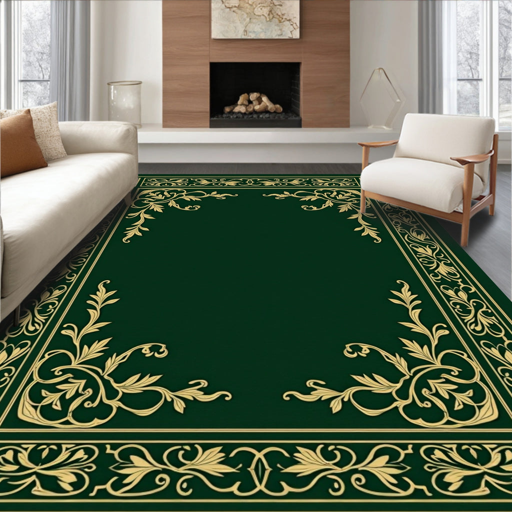 Elegant Gold Vine Border Emerald Green Rug