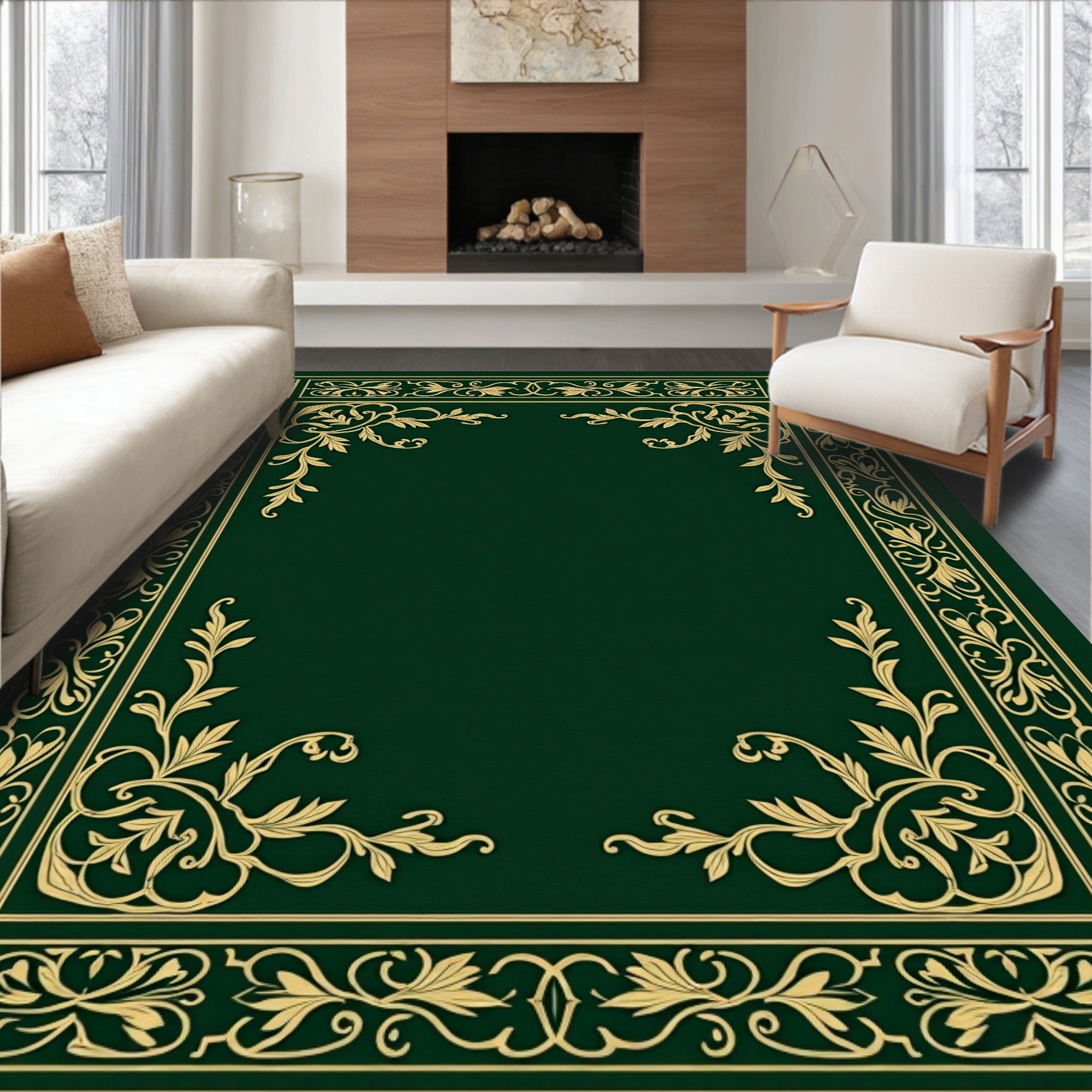 Elegant Gold Vine Border Emerald Green Rug