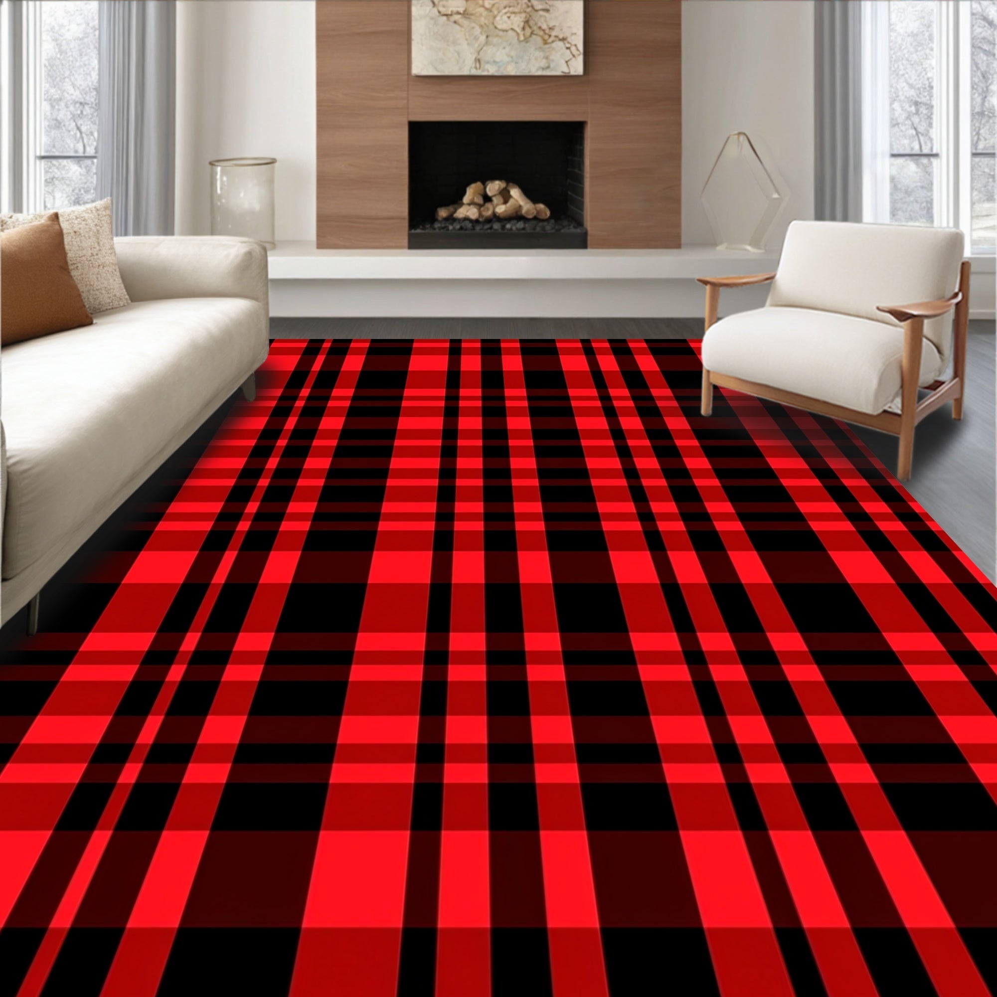 Bold Red Black Plaid Crossing Rug