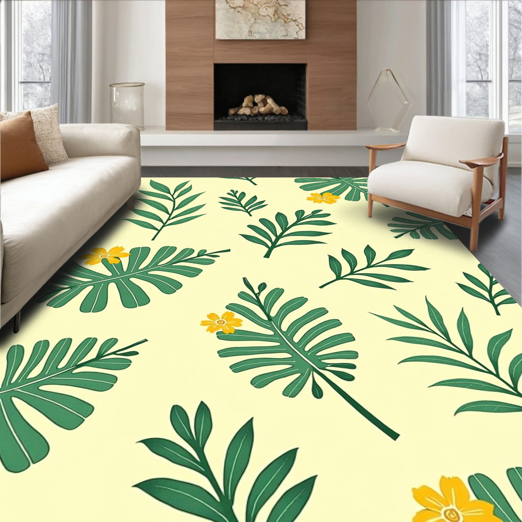 Green Tropical Leaves and Yellow Flowers Rug