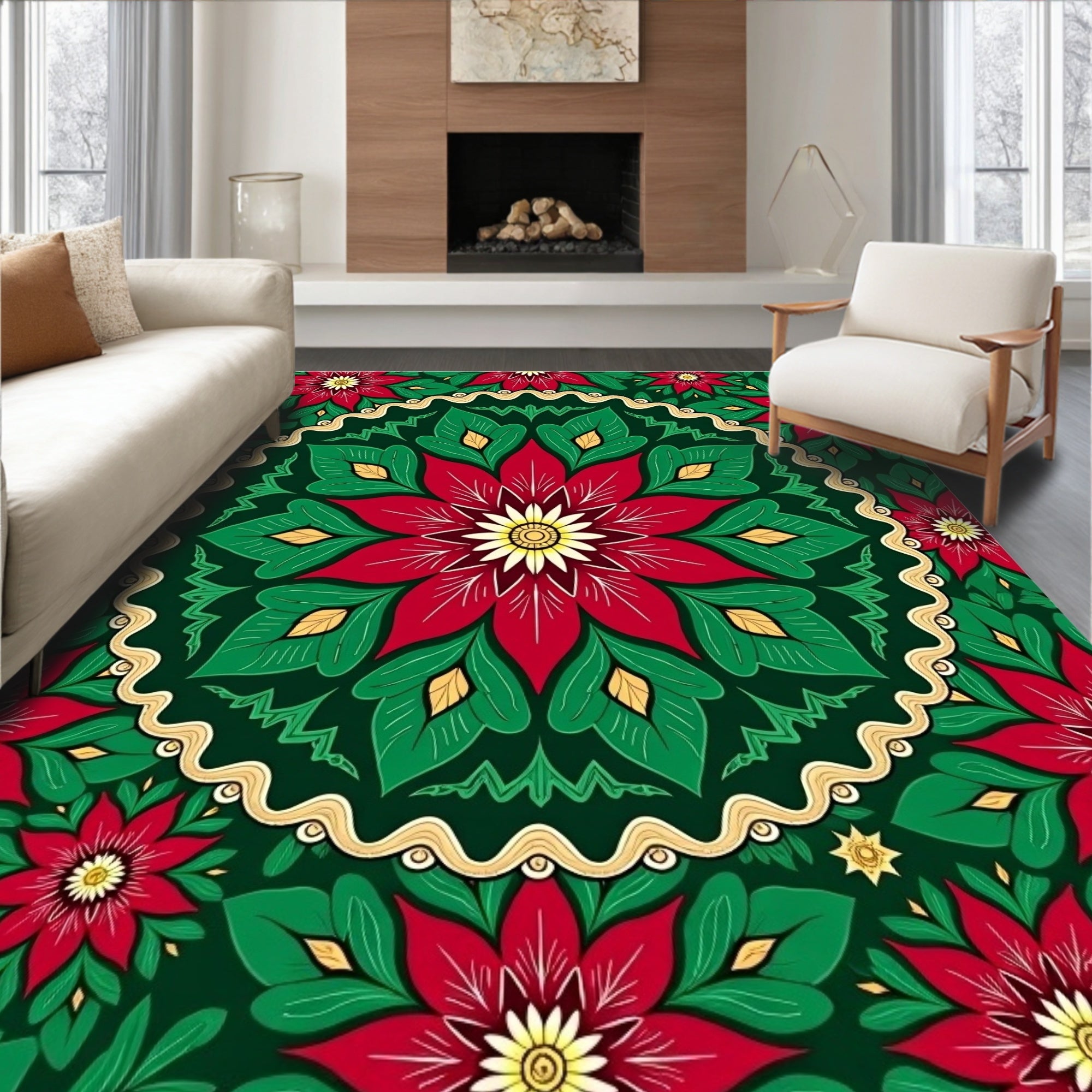 Crimson Poinsettia Golden Garland Round Rug