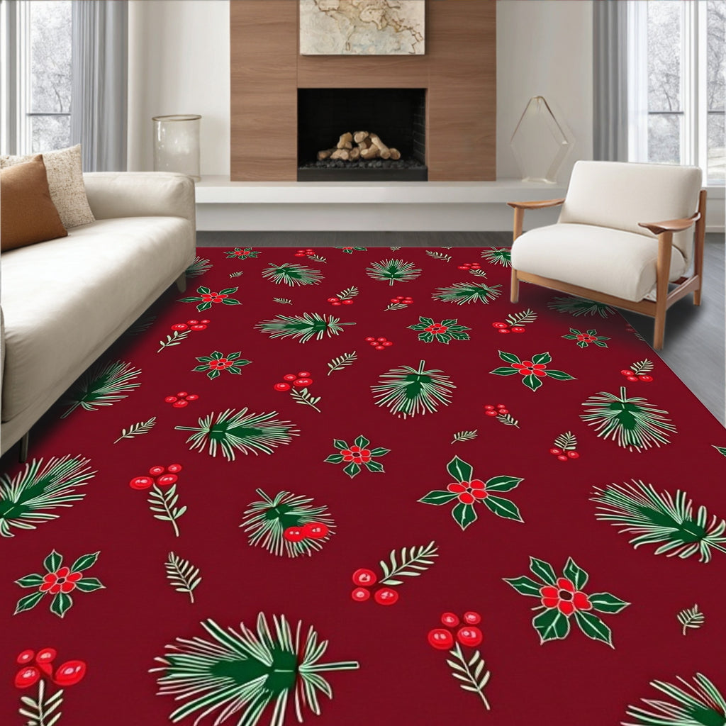 Festive Red Holly Berry Pine Sprig Rug