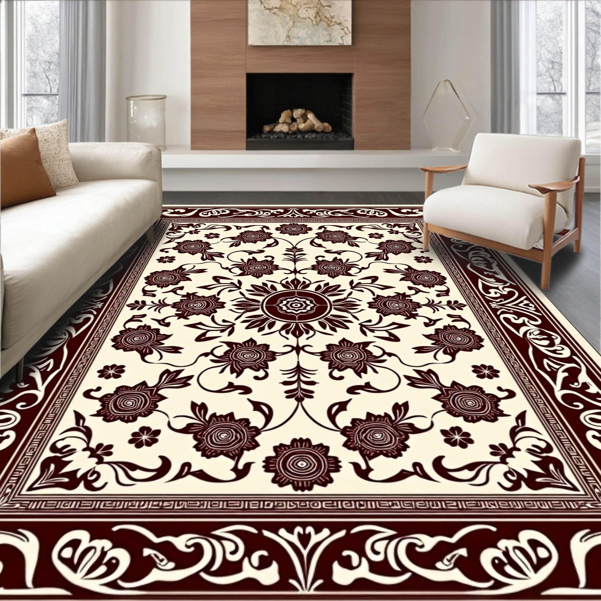 Ornate Ivory Rose Flower Arrangement Rug