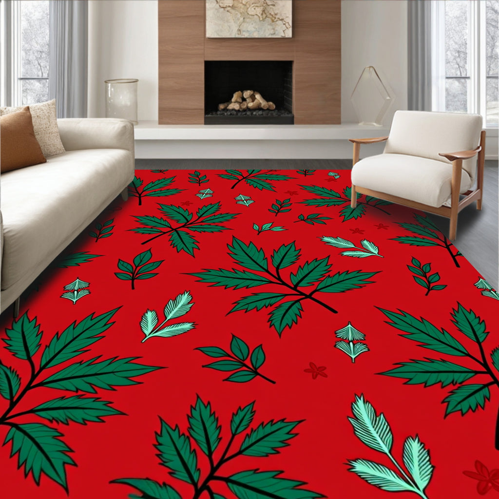 Vibrant Green Leaf Cluster Red Field Rug